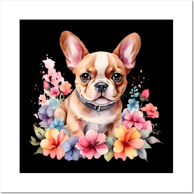 A baby french bulldog  decorated with beautiful watercolor flowers Wall Art by CreativeSparkzz